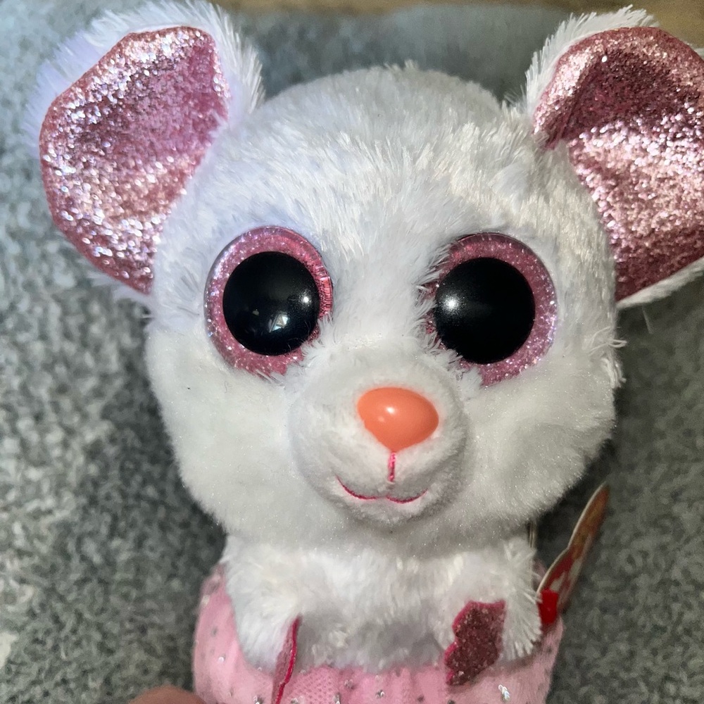 TY BEANIE BOO White and Pink Mouse Plush